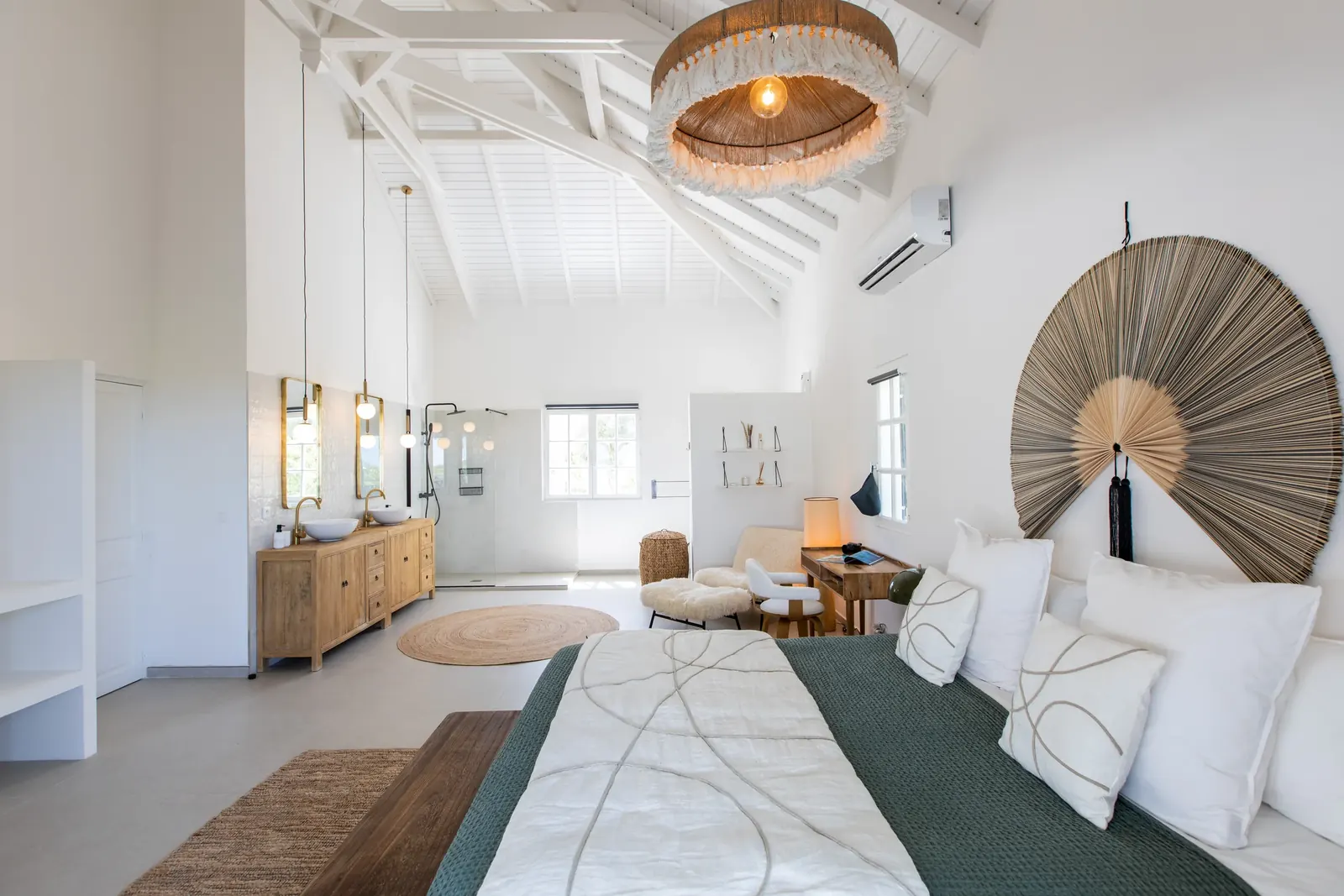 Primary suite with king bed and white Caribbean rafters at Villa Les Oliviers, Les Terres Basses